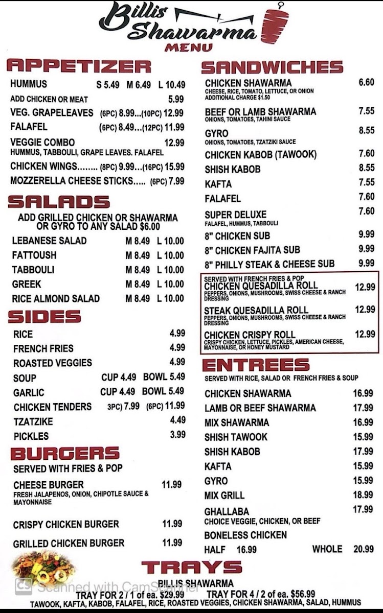 Billi's Shawarma Menu - Image 1